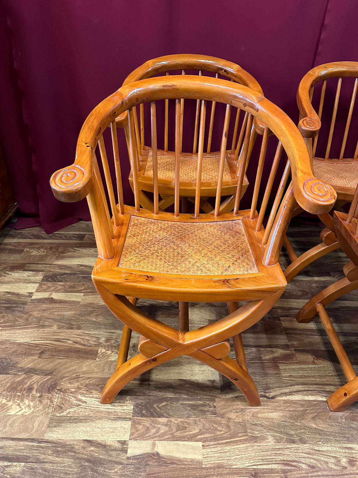 4x antiker Stuhl China Holz und Rattan um 1910 restauriert Vier antike Stühle