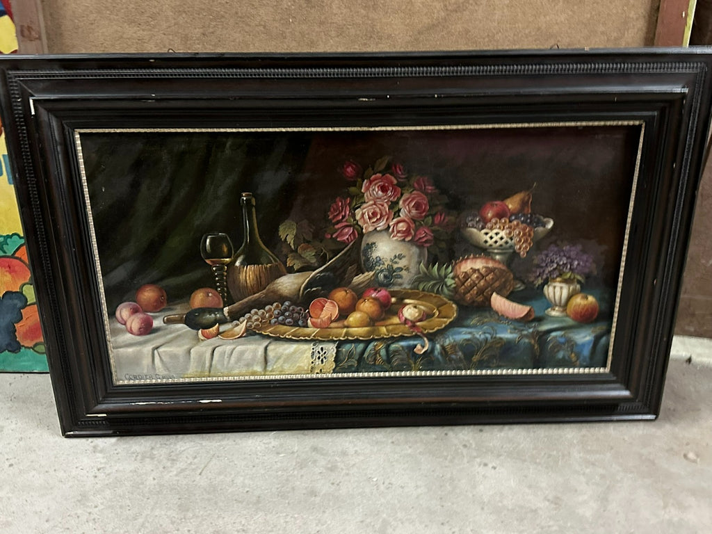 C. Cordier 1935 antikes Ölgemälde Stillleben mit Blumen und Obst Prunkrahmen