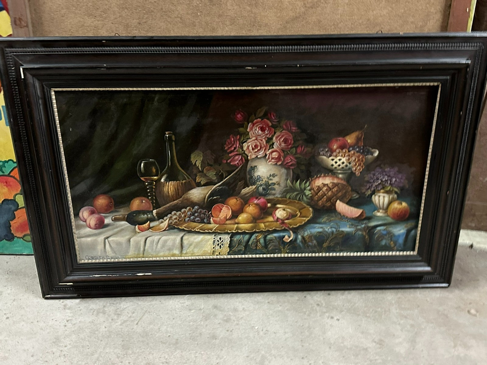 C. Cordier 1935 antikes Ölgemälde Stillleben mit Blumen und Obst Prunkrahmen