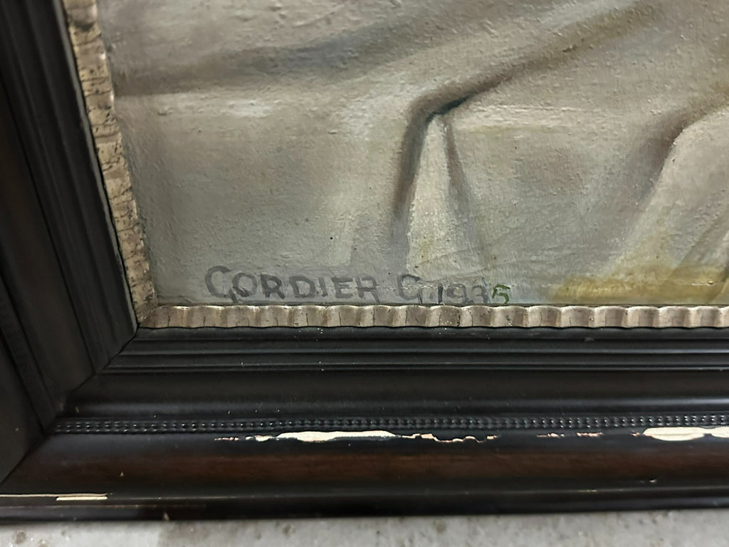 C. Cordier 1935 antikes Ölgemälde Stillleben mit Blumen und Obst Prunkrahmen