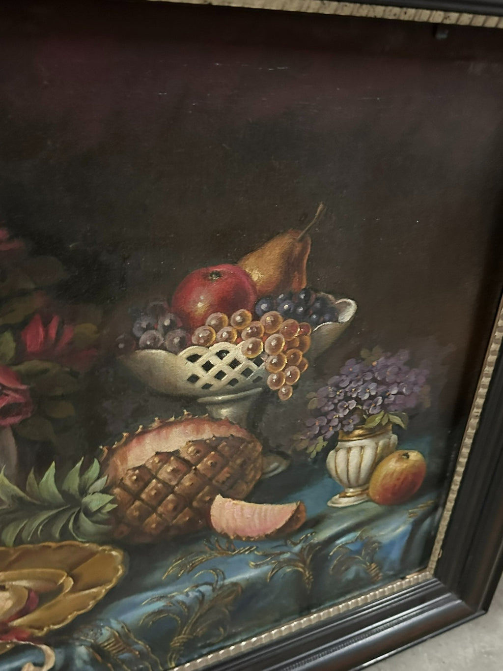 C. Cordier 1935 antikes Ölgemälde Stillleben mit Blumen und Obst Prunkrahmen