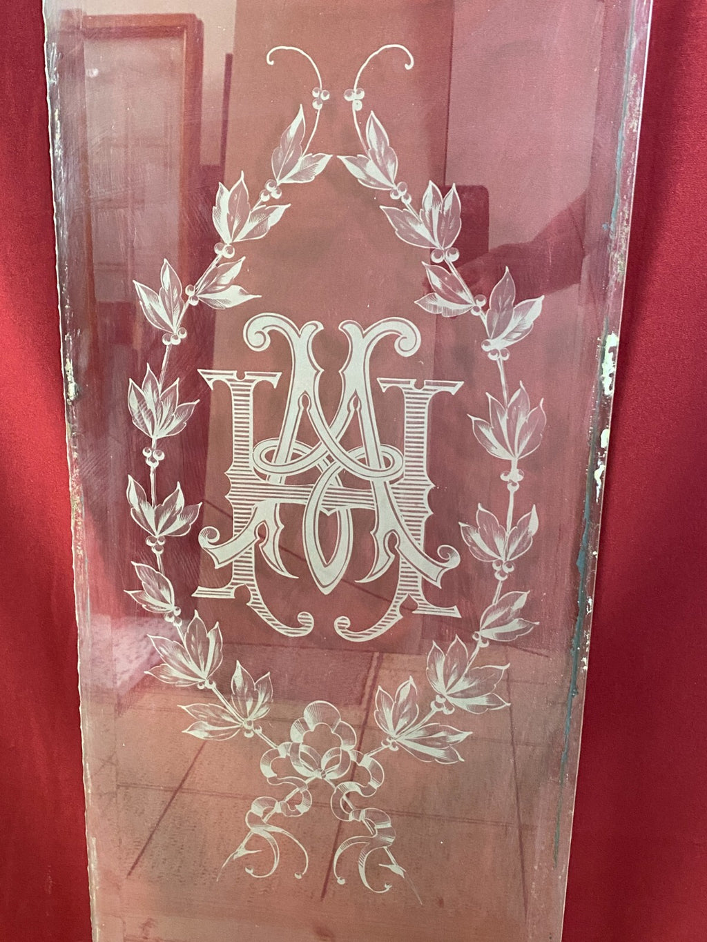 Antike Glasscheibe Historismus um 1880 Fenster Monogramm Facetten 40x147cm