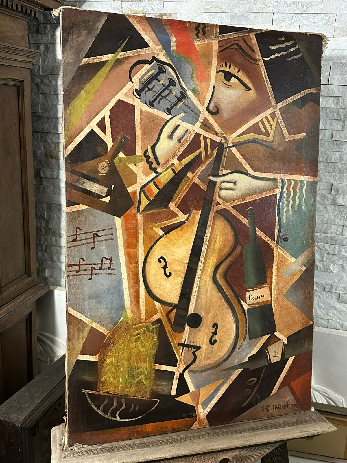 Antikes Ölgemälde der Cellist um 1908 signiert Tkadlik Surrealismus