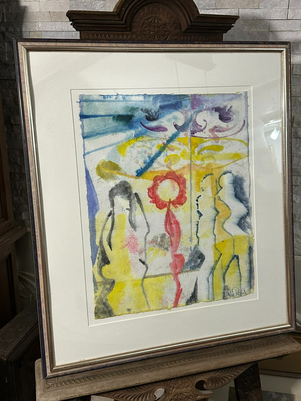 Aquarell auf Büttenpapier, unten rechts signiert und in buntem Rahmen gerahmt
