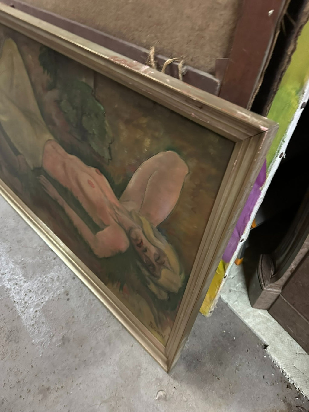 150x70cm grosses Ölgemälde signiert Ilgen Schlafender Akt Erotik Nackte Frau
