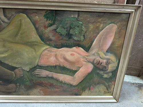 150x70cm grosses Ölgemälde signiert Ilgen Schlafender Akt Erotik Nackte Frau