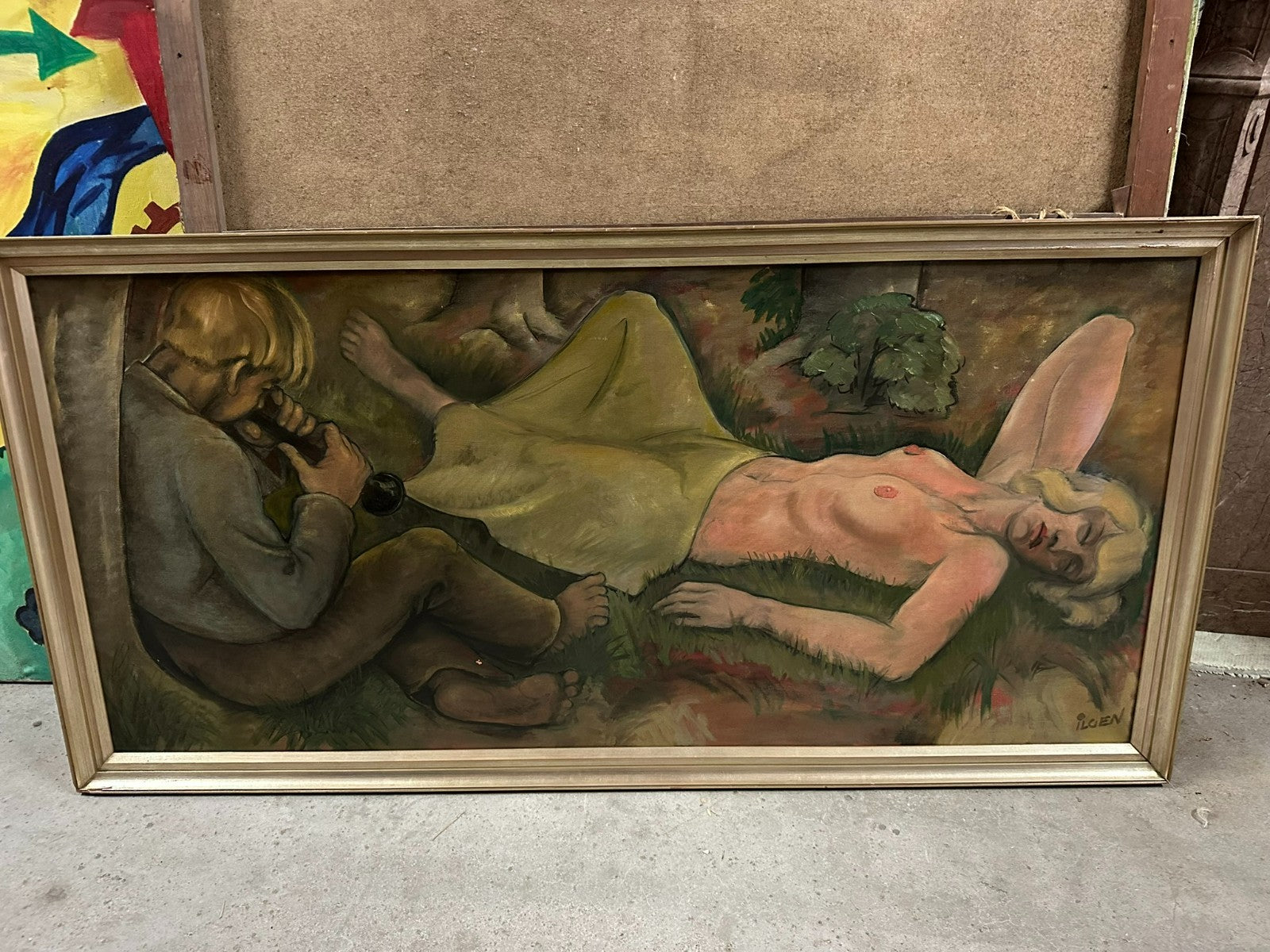 150x70cm grosses Ölgemälde signiert Ilgen Schlafender Akt Erotik Nackte Frau