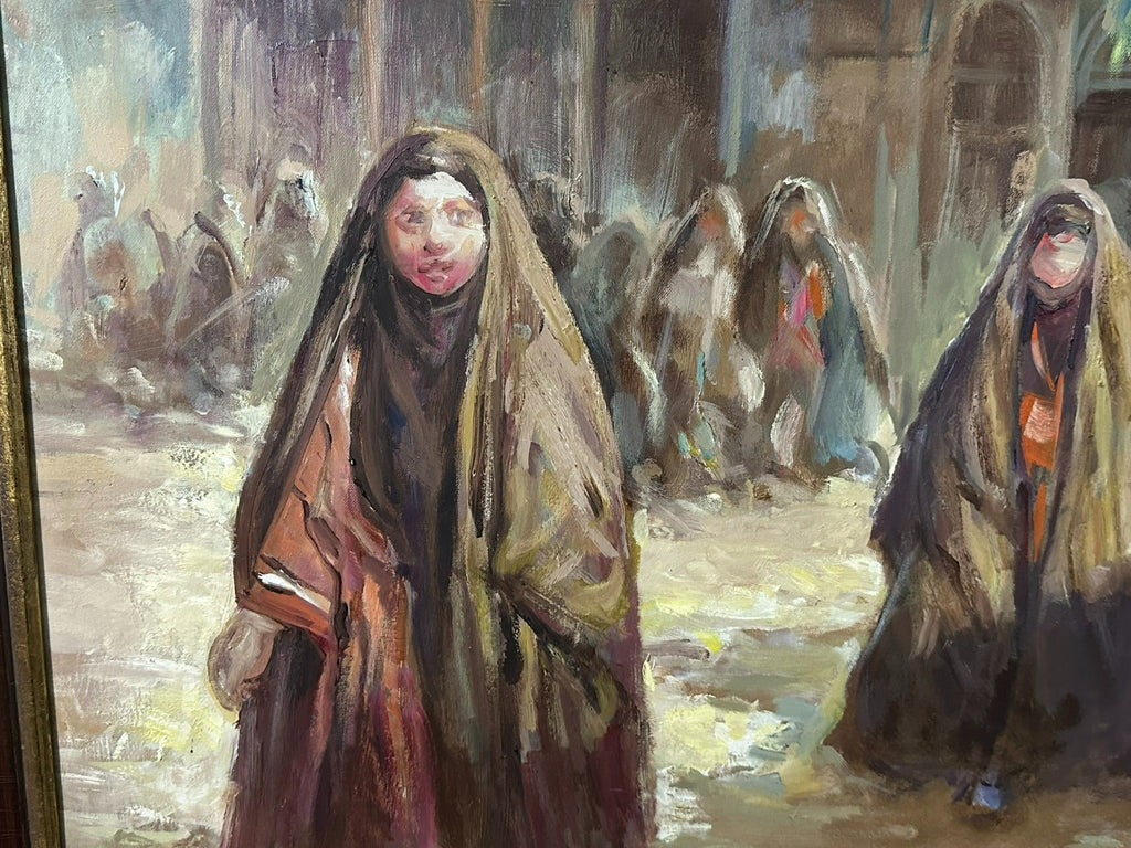 Grosses Ölgemälde Ibrahim Al Kamali Frauen vor Moschee