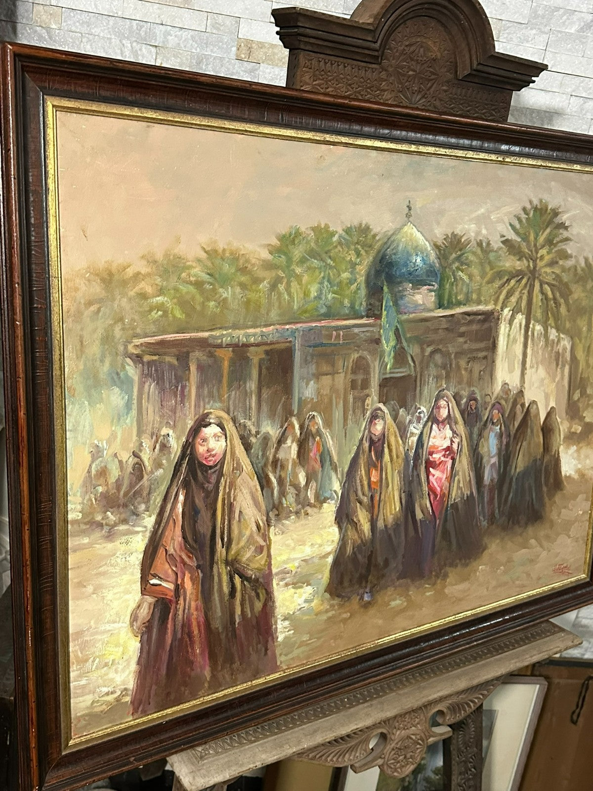 Grosses Ölgemälde Ibrahim Al Kamali Frauen vor Moschee