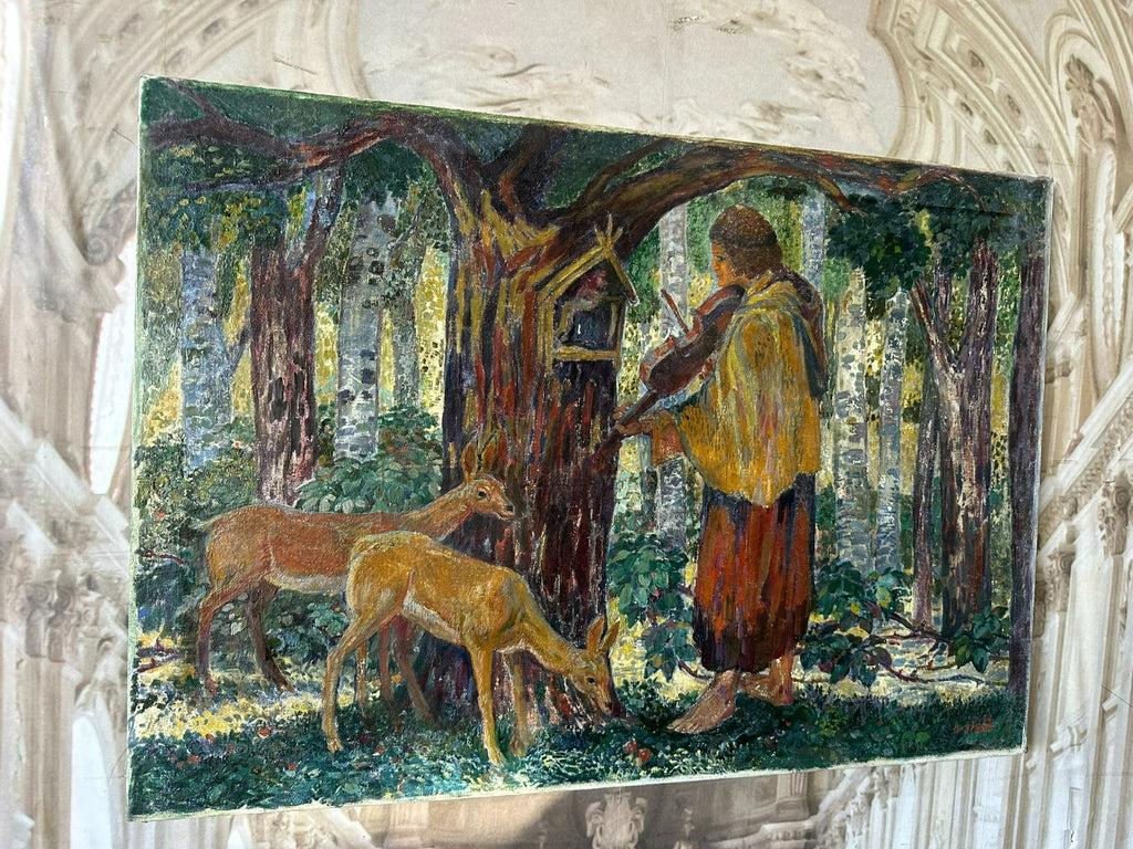 A. Specht grosses Ölgemälde Geiger mit Rehen im Wald