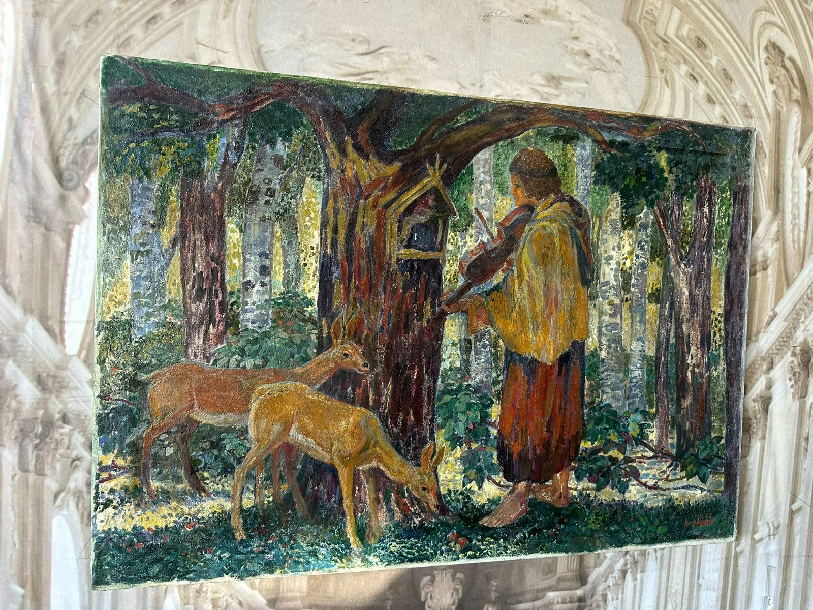 A. Specht grosses Ölgemälde Geiger mit Rehen im Wald