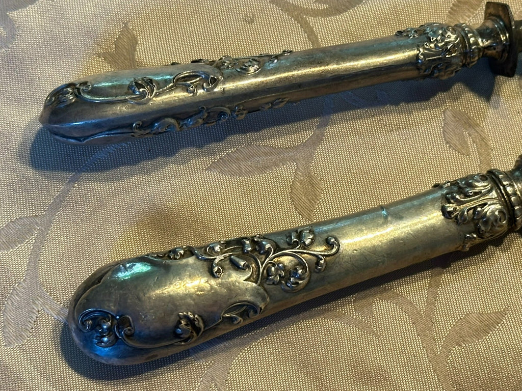 Antikes Vorlegebesteck Messer und Gabel mit Hirsch Griffe aus Silber