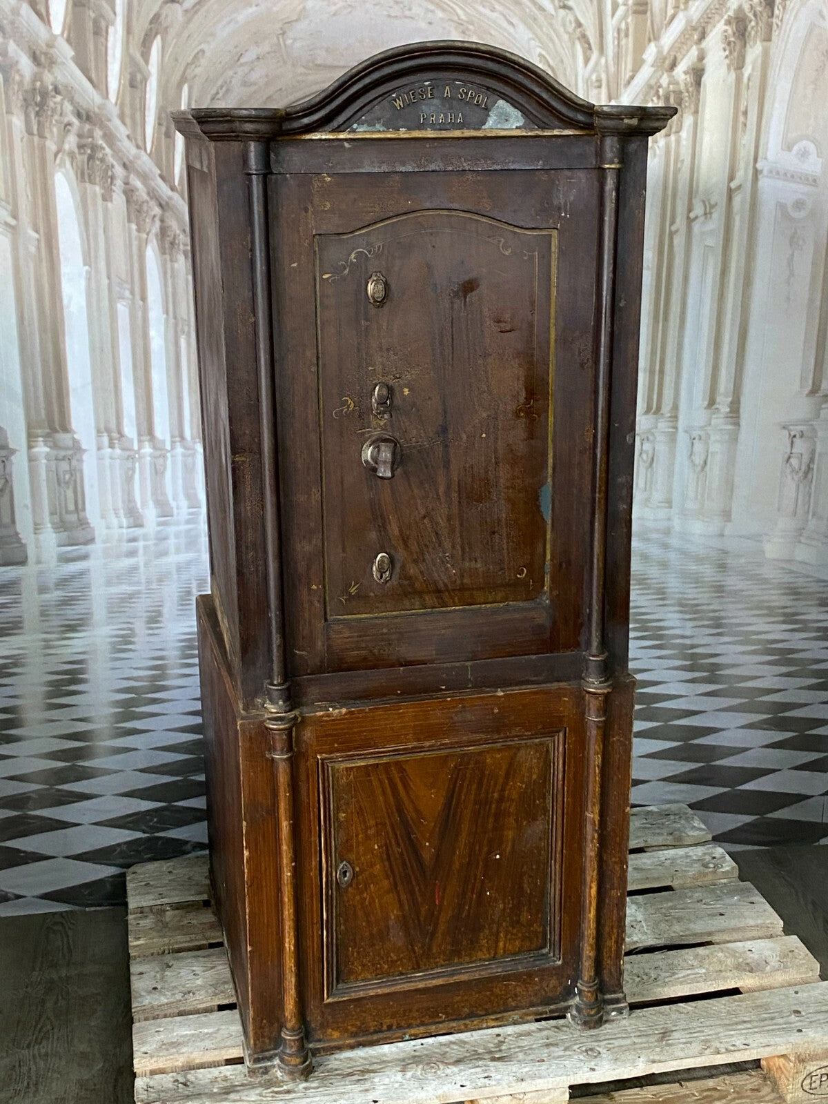 ANTIKER JUGENDSTIL TRESOR WIESE SPOL PRAG METALLGUSS MIT UNTERSCHRANK