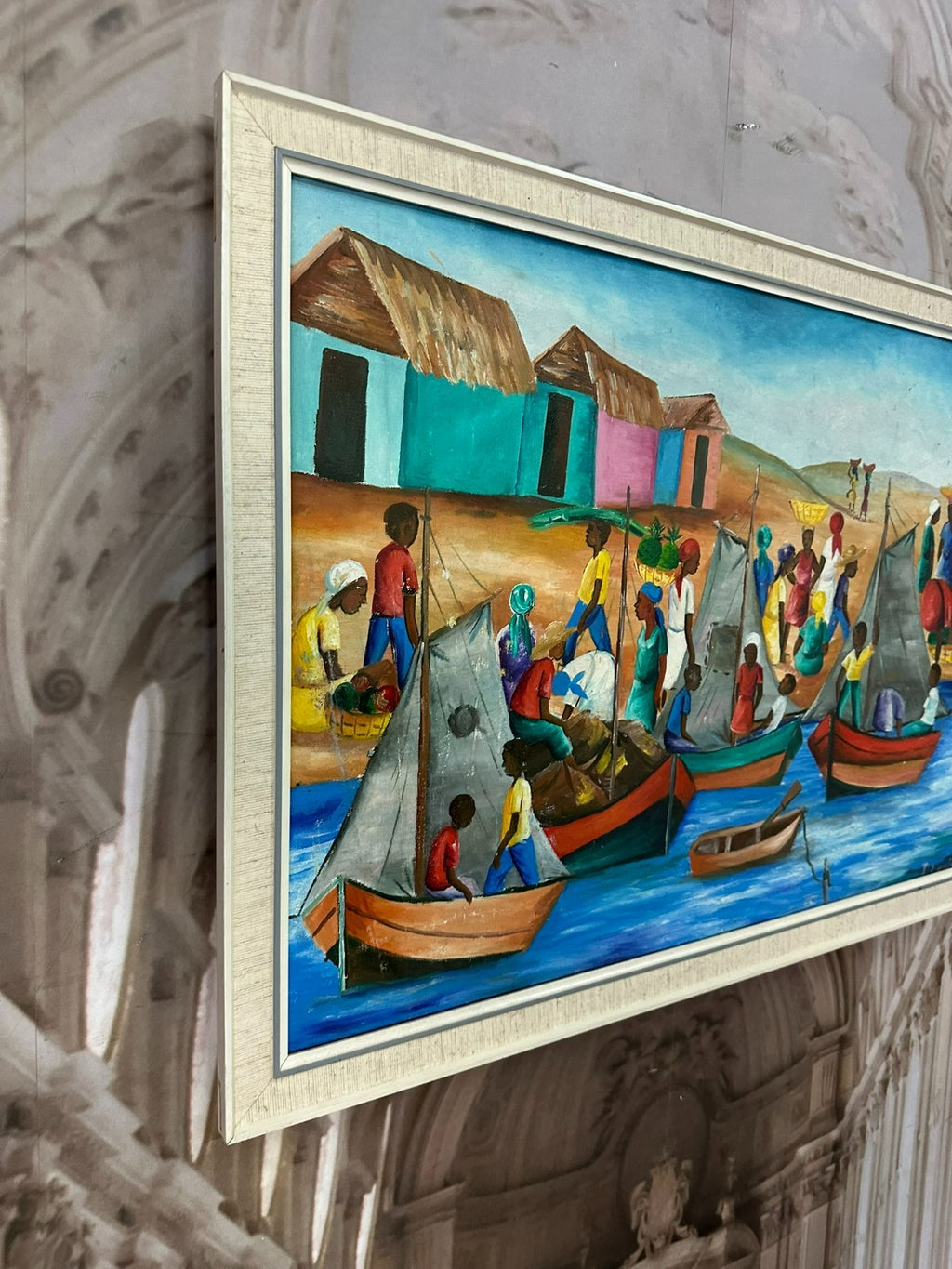 P. Louis Ölgemälde Personen am Hafen mit Booten in Afrika