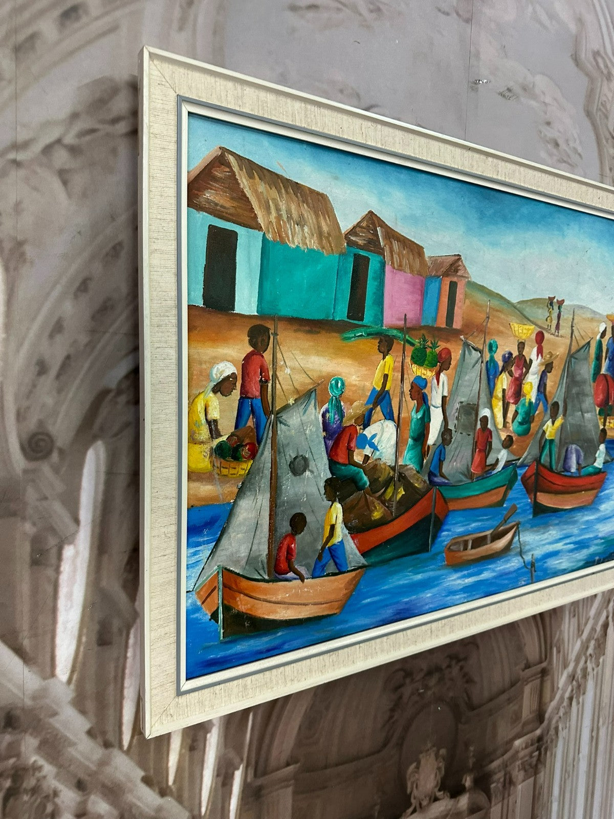 P. Louis Ölgemälde Personen am Hafen mit Booten in Afrika