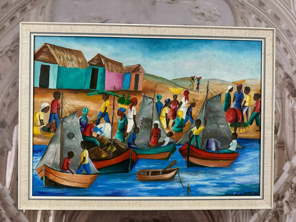 P. Louis Ölgemälde Personen am Hafen mit Booten in Afrika