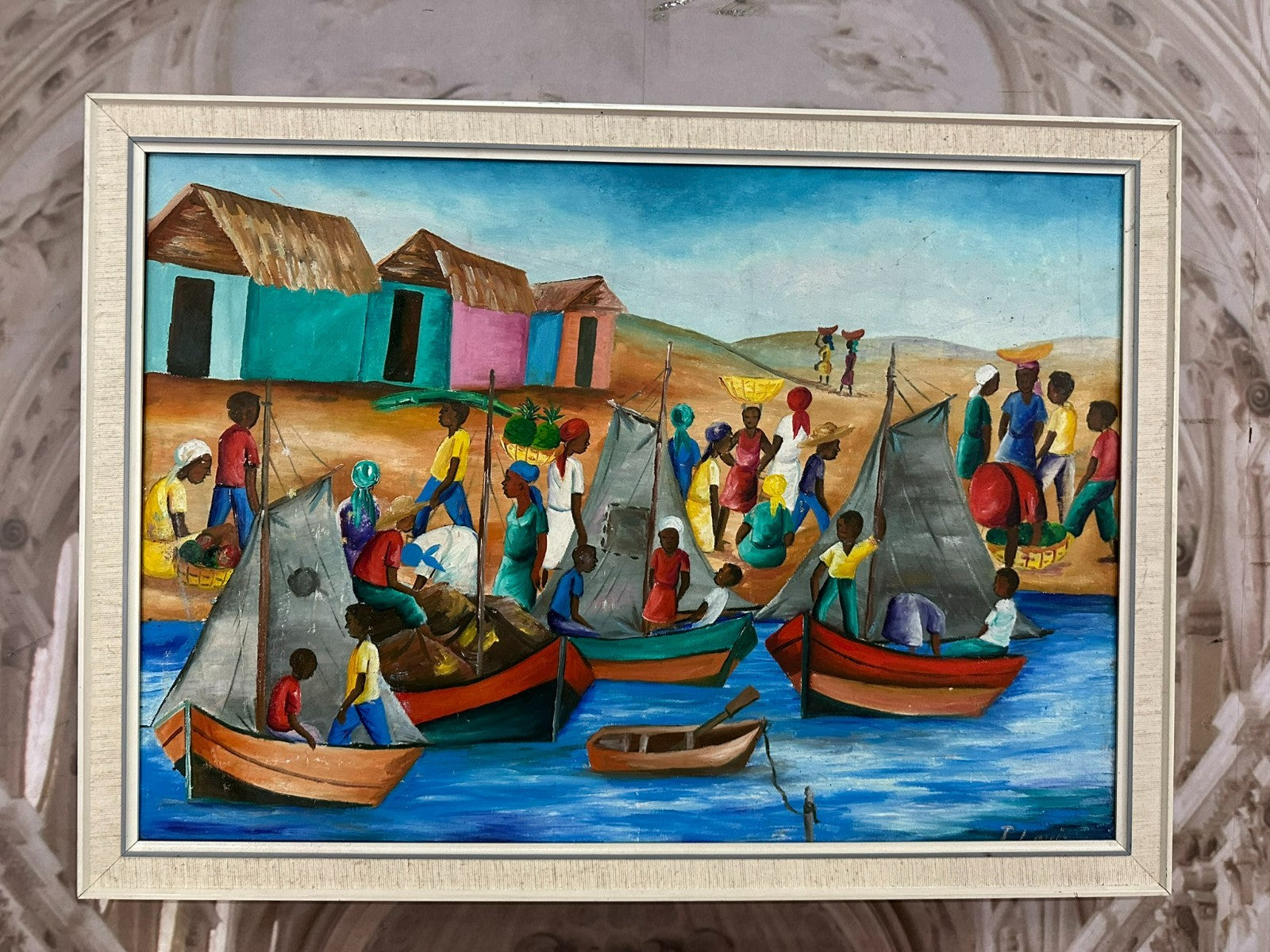 P. Louis Ölgemälde Personen am Hafen mit Booten in Afrika