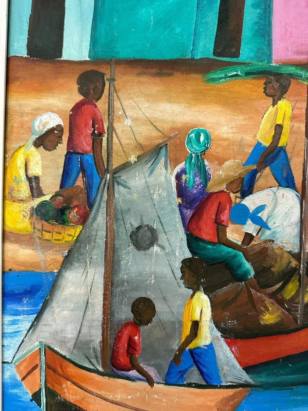 P. Louis Ölgemälde Personen am Hafen mit Booten in Afrika