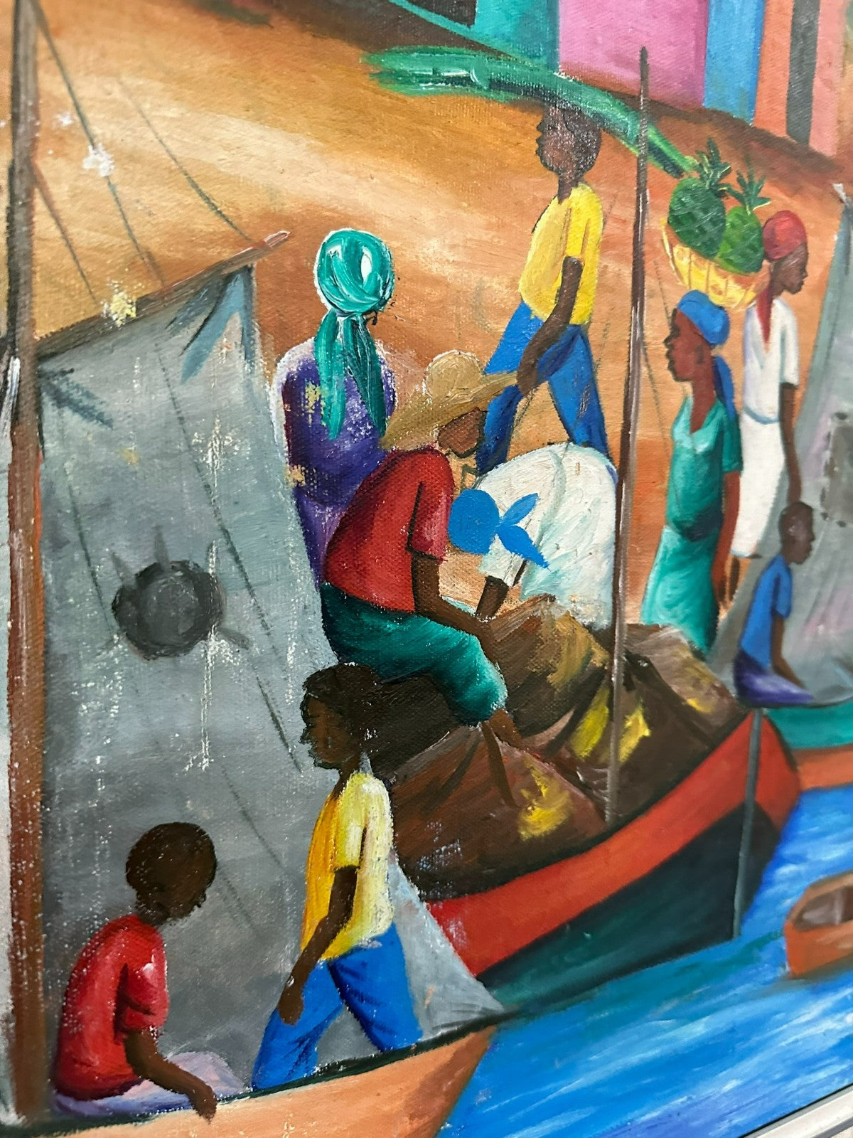 P. Louis Ölgemälde Personen am Hafen mit Booten in Afrika