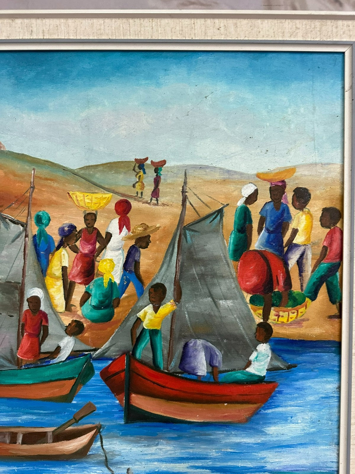 P. Louis Ölgemälde Personen am Hafen mit Booten in Afrika