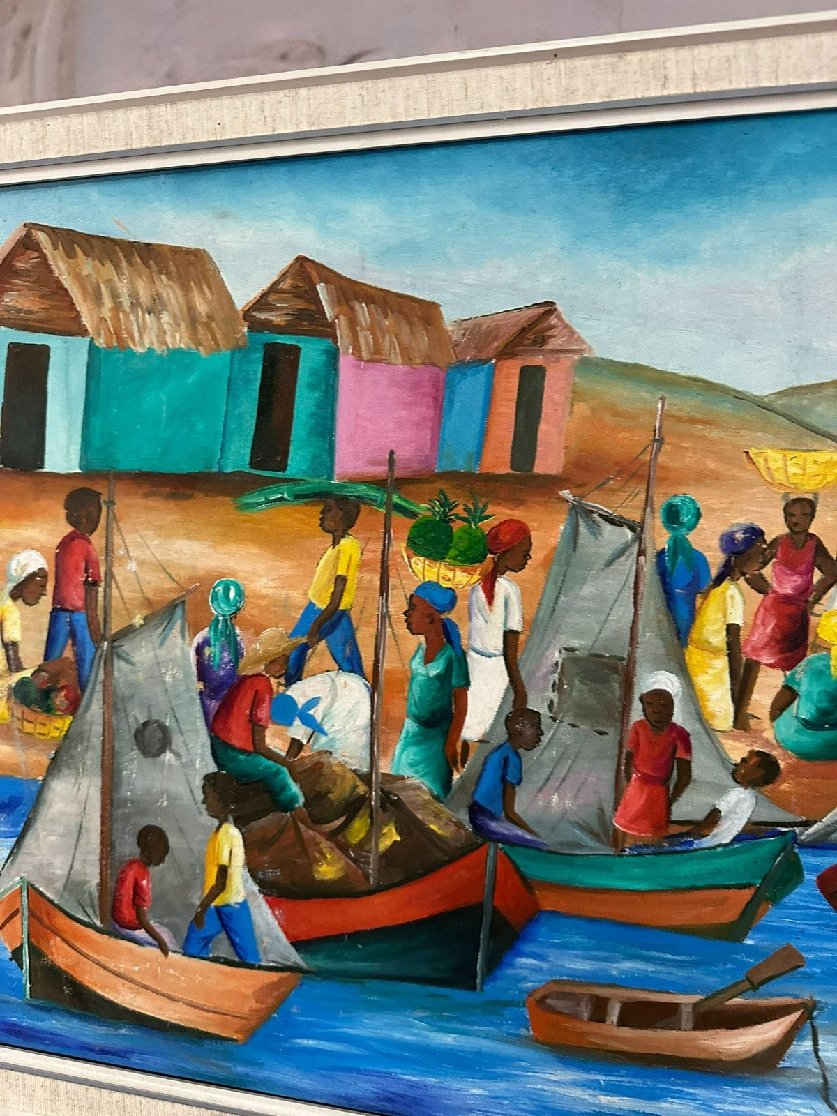 P. Louis Ölgemälde Personen am Hafen mit Booten in Afrika