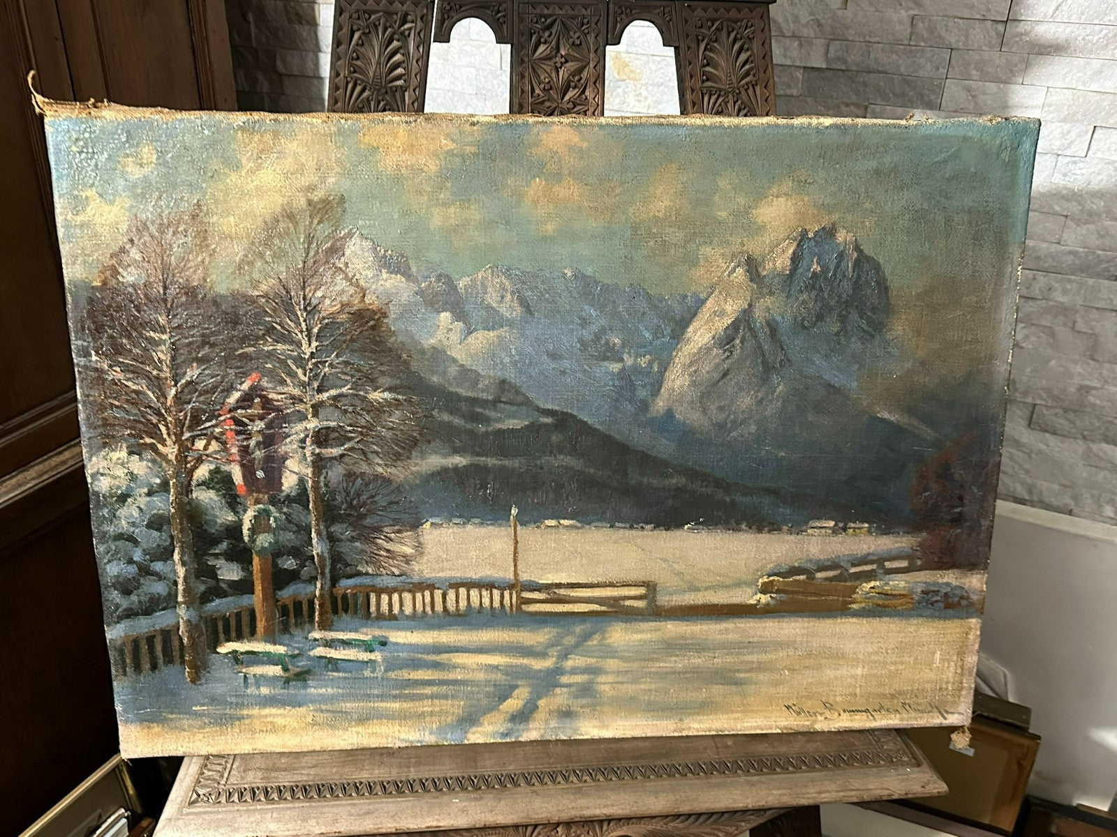 Carl Müller-Baumgarten (1879-1964) Ölgemälde Winter Landschaft vor Gebirge