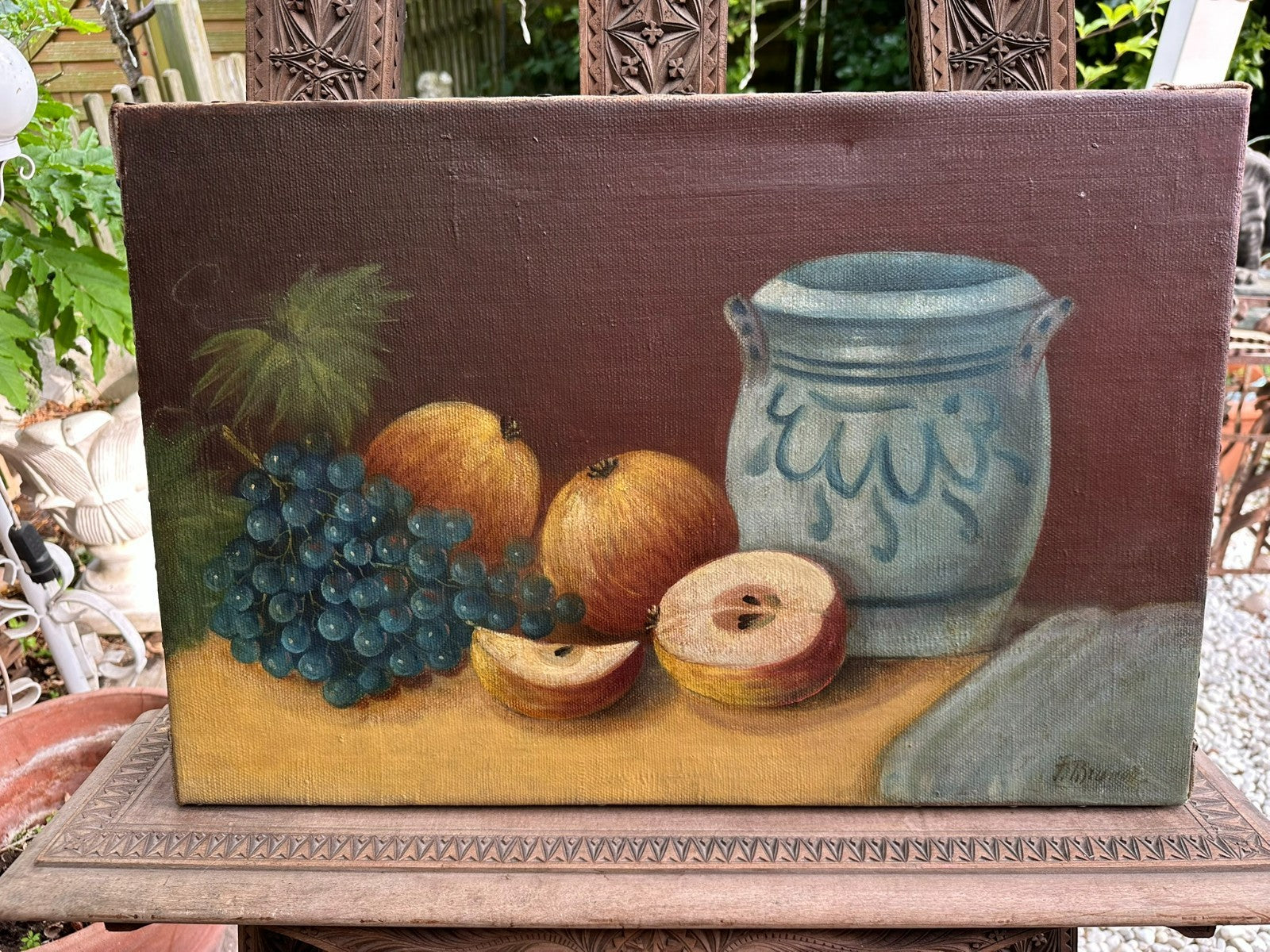 F. Brunner antikes Ölgemälde auf Leinwand Obst Stillleben