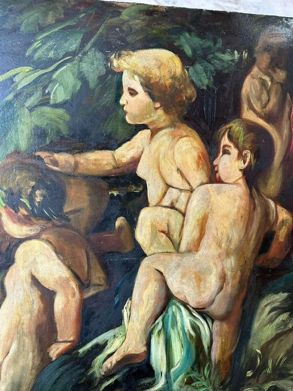 Grosses Art Deco Ölgemälde auf Papier Gemälde Nackedeien Kinder