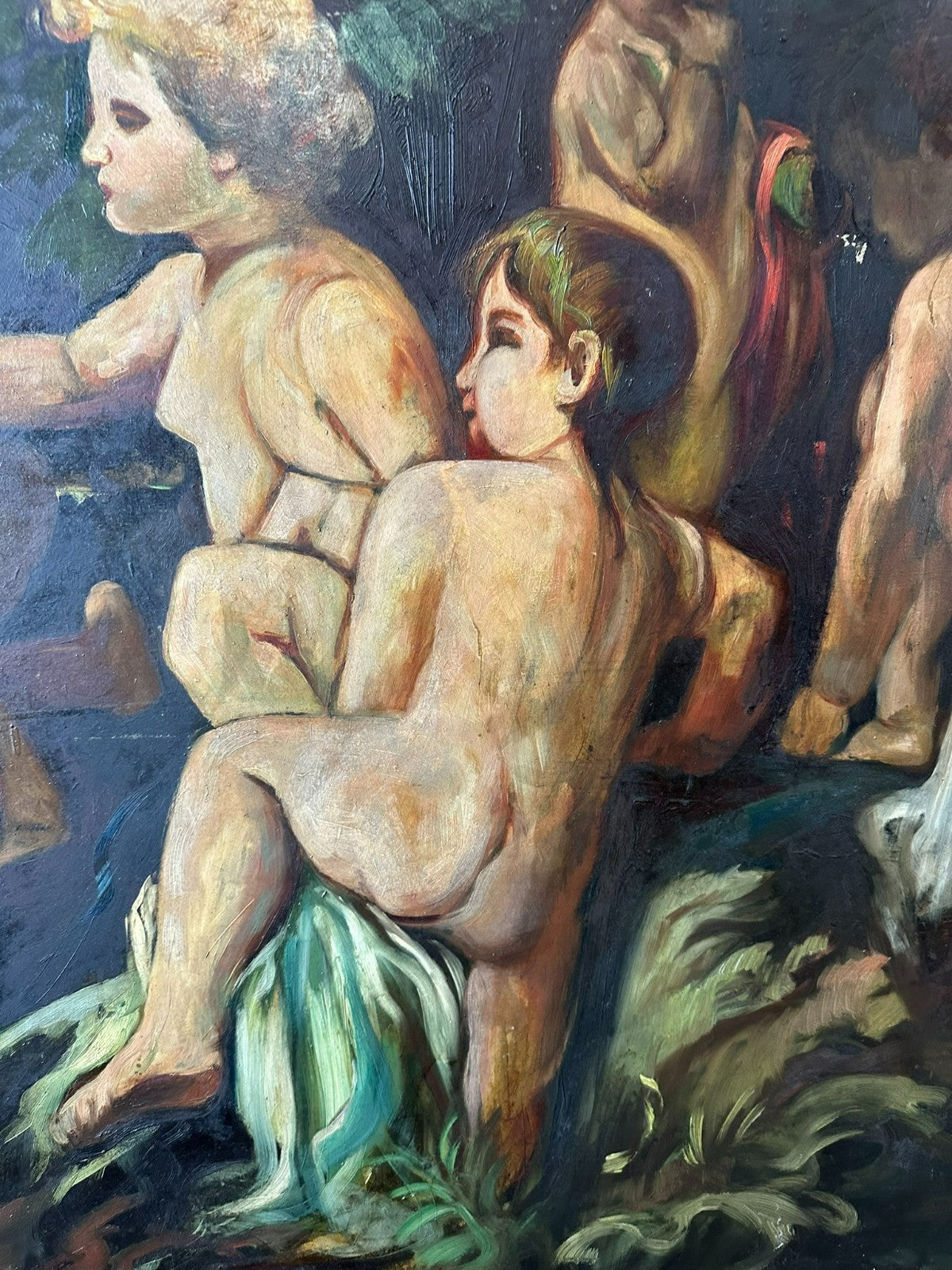 Grosses Art Deco Ölgemälde auf Papier Gemälde Nackedeien Kinder