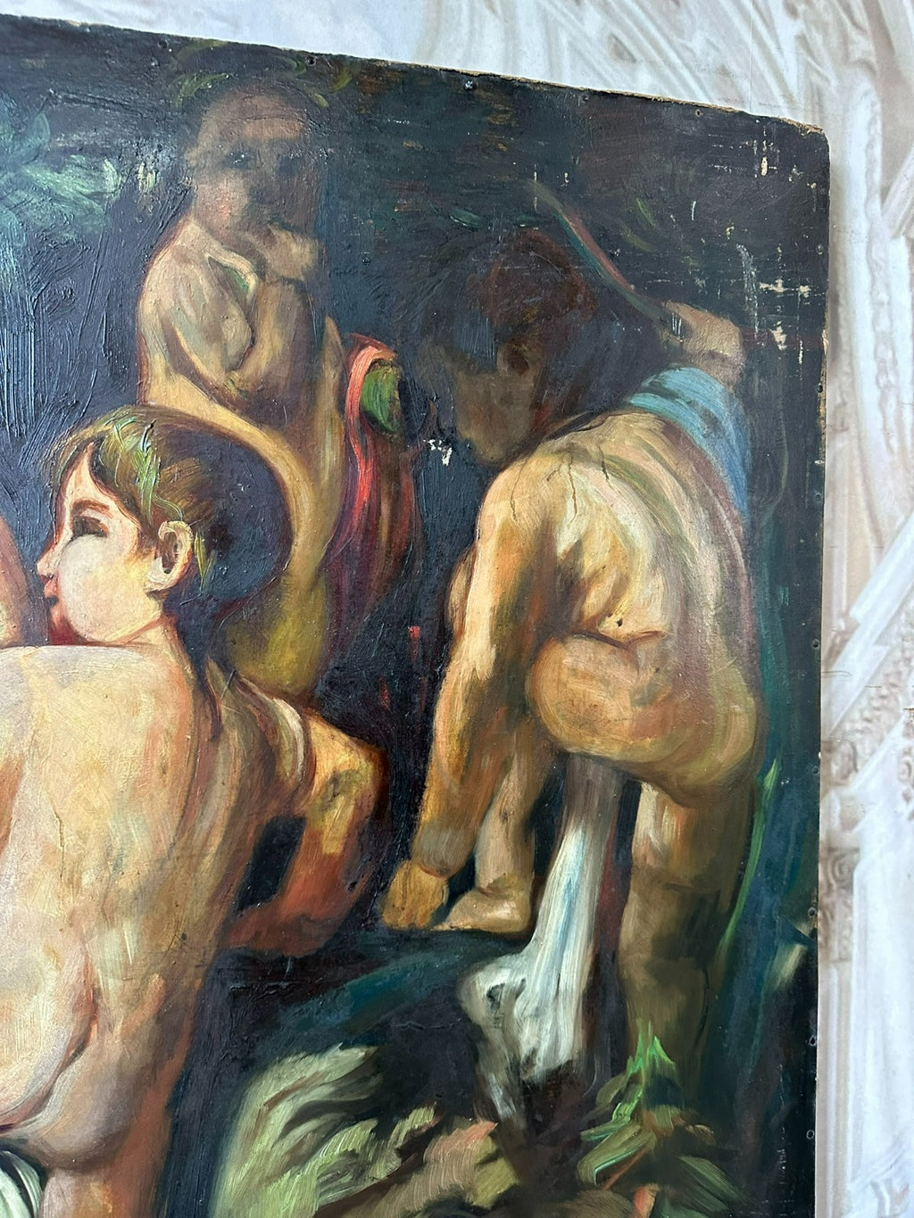 Grosses Art Deco Ölgemälde auf Papier Gemälde Nackedeien Kinder