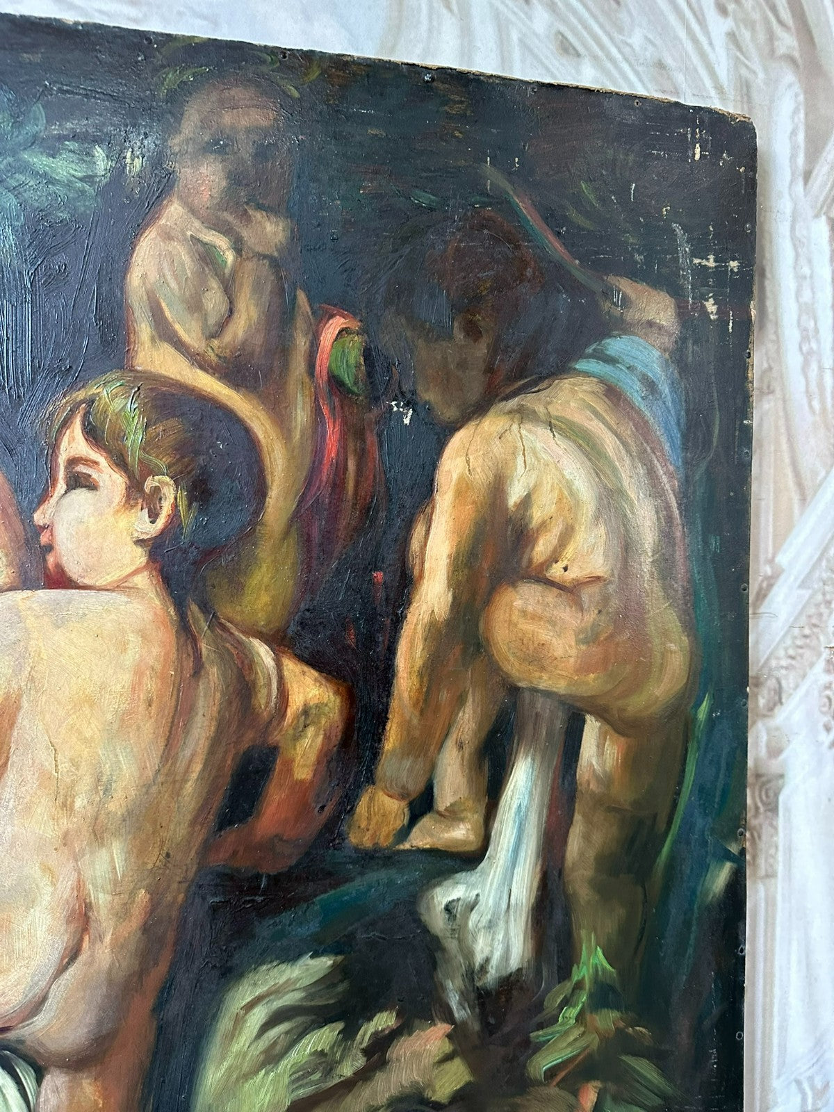 Grosses Art Deco Ölgemälde auf Papier Gemälde Nackedeien Kinder