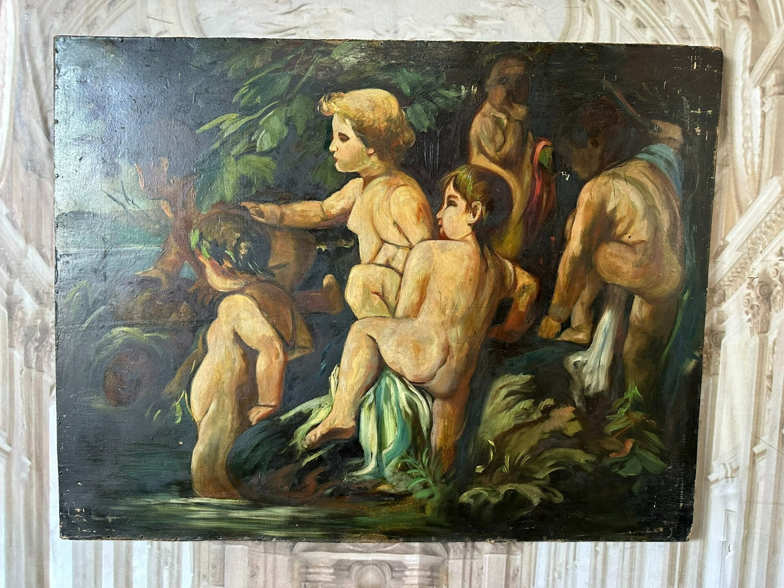 Grosses Art Deco Ölgemälde auf Papier Gemälde Nackedeien Kinder