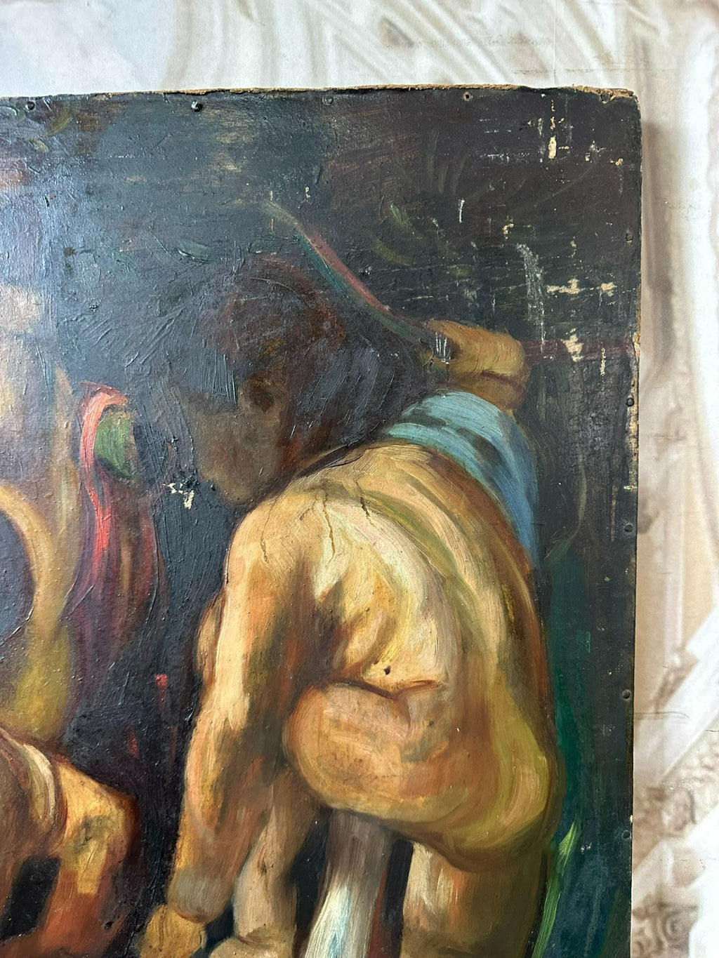 Grosses Art Deco Ölgemälde auf Papier Gemälde Nackedeien Kinder