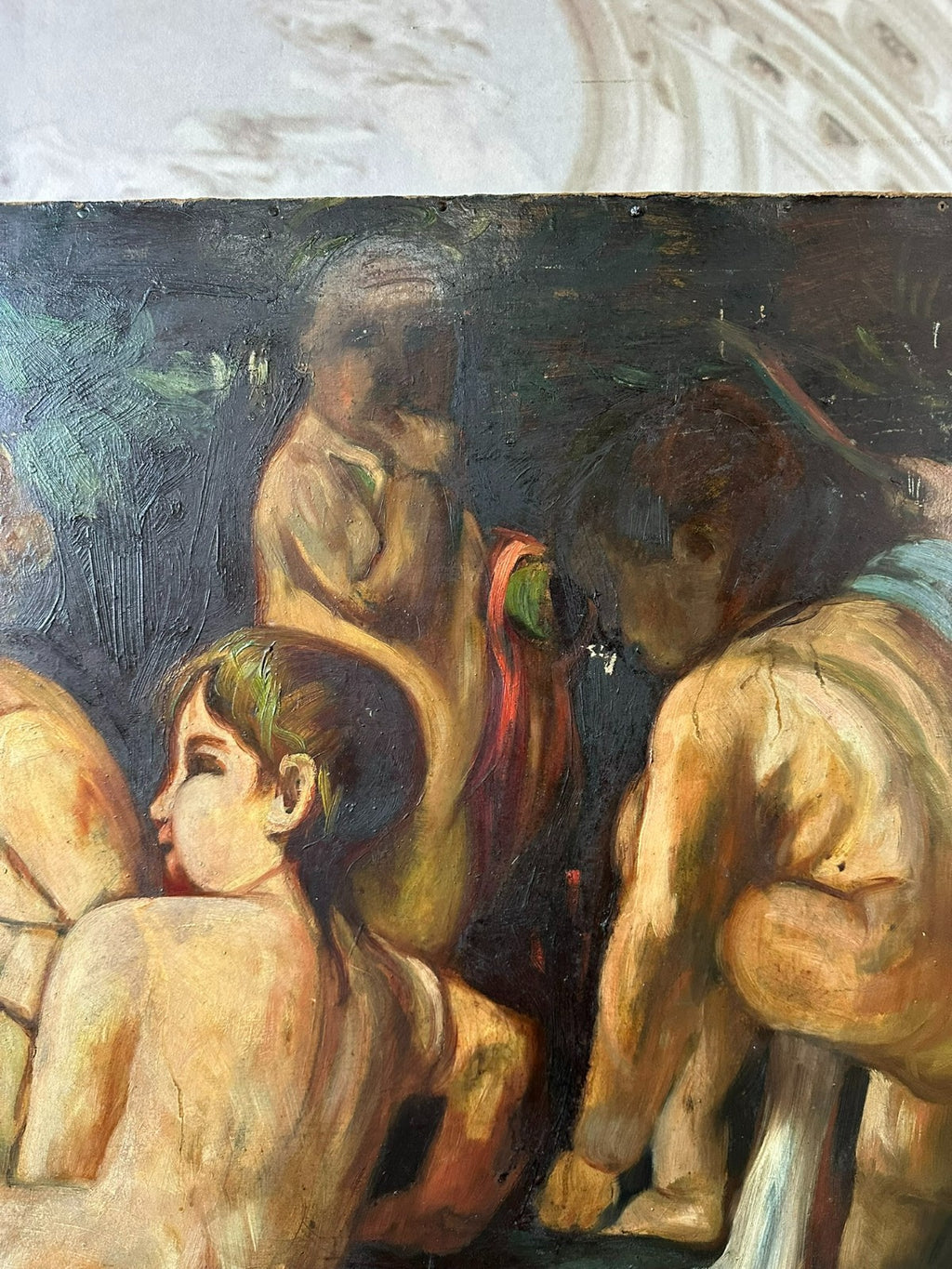 Grosses Art Deco Ölgemälde auf Papier Gemälde Nackedeien Kinder