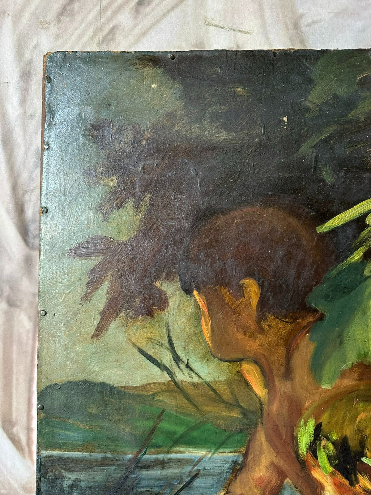 Grosses Art Deco Ölgemälde auf Papier Gemälde Nackedeien Kinder