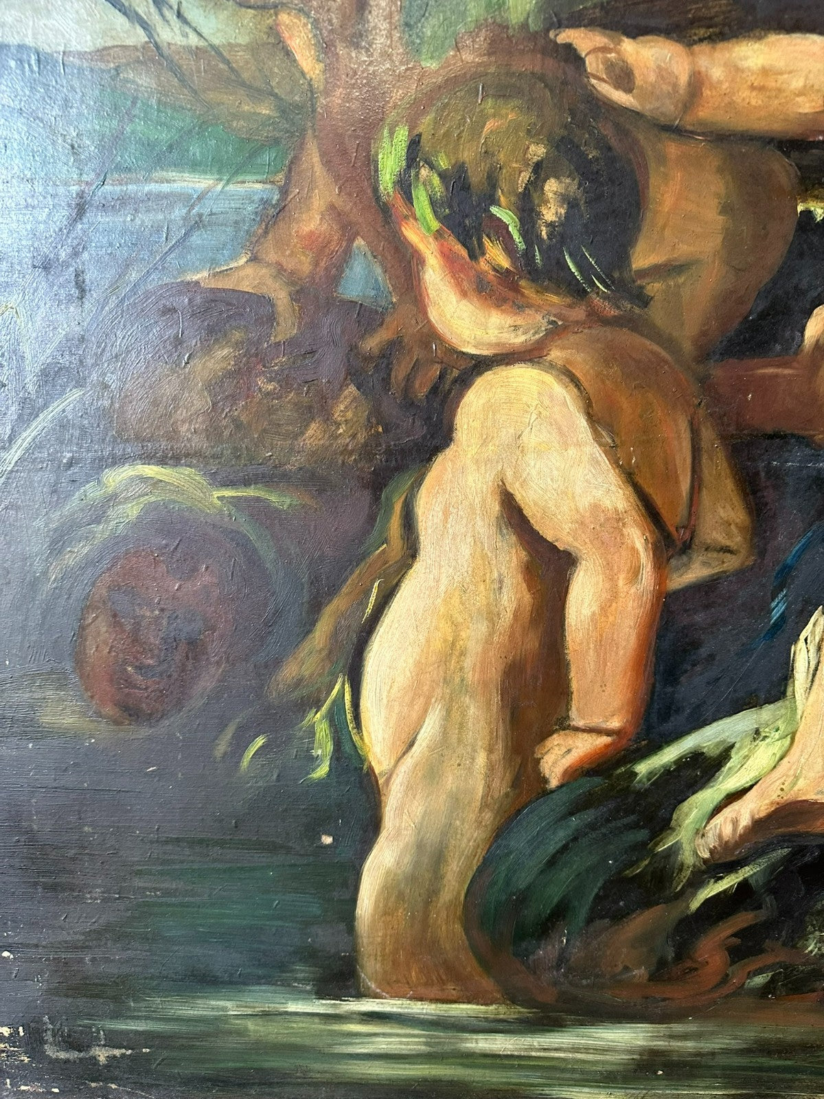 Grosses Art Deco Ölgemälde auf Papier Gemälde Nackedeien Kinder