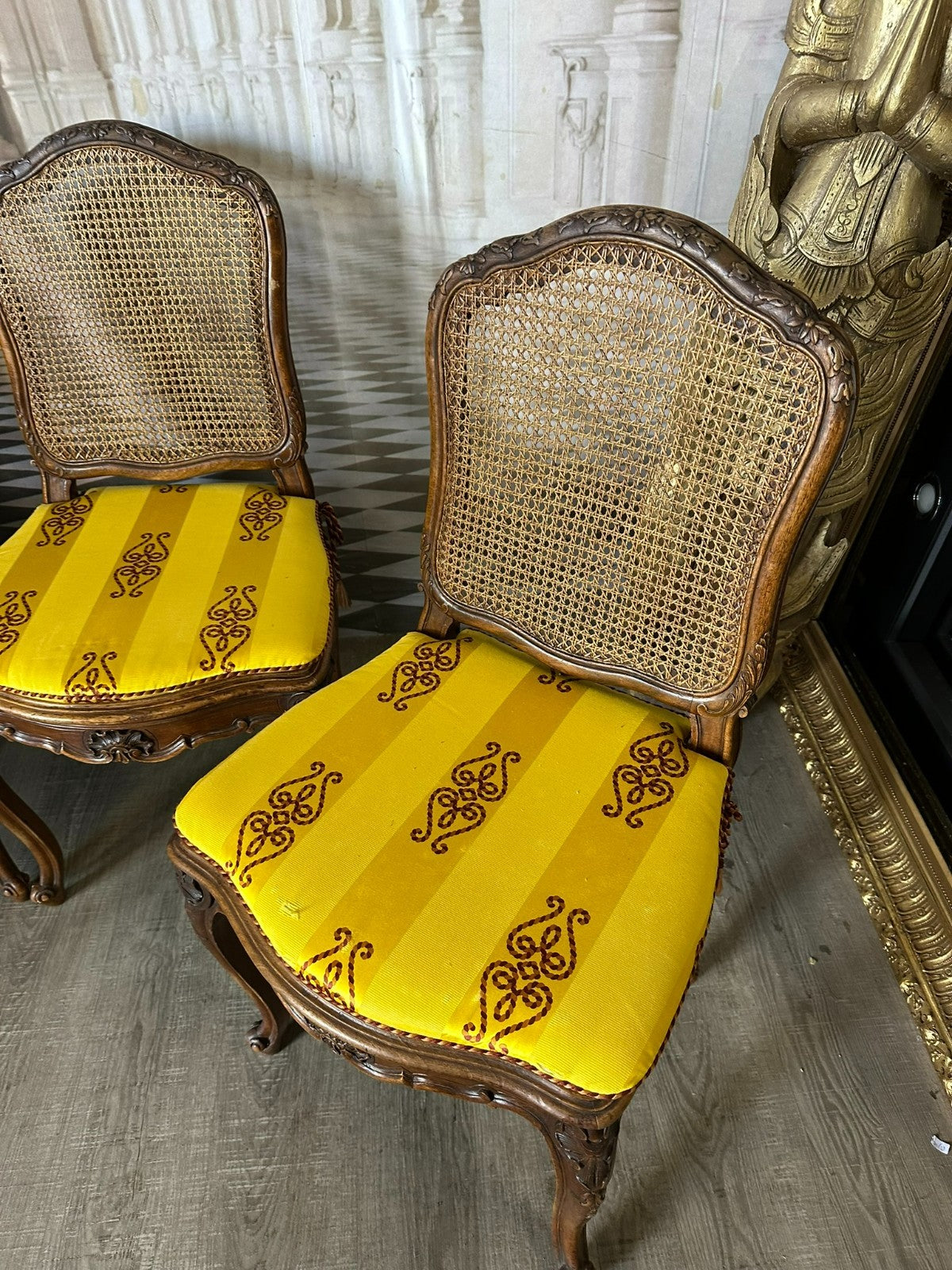 Set 4x antiker Barock Stuhl um 1880 Nussbaum Rattan Geflecht