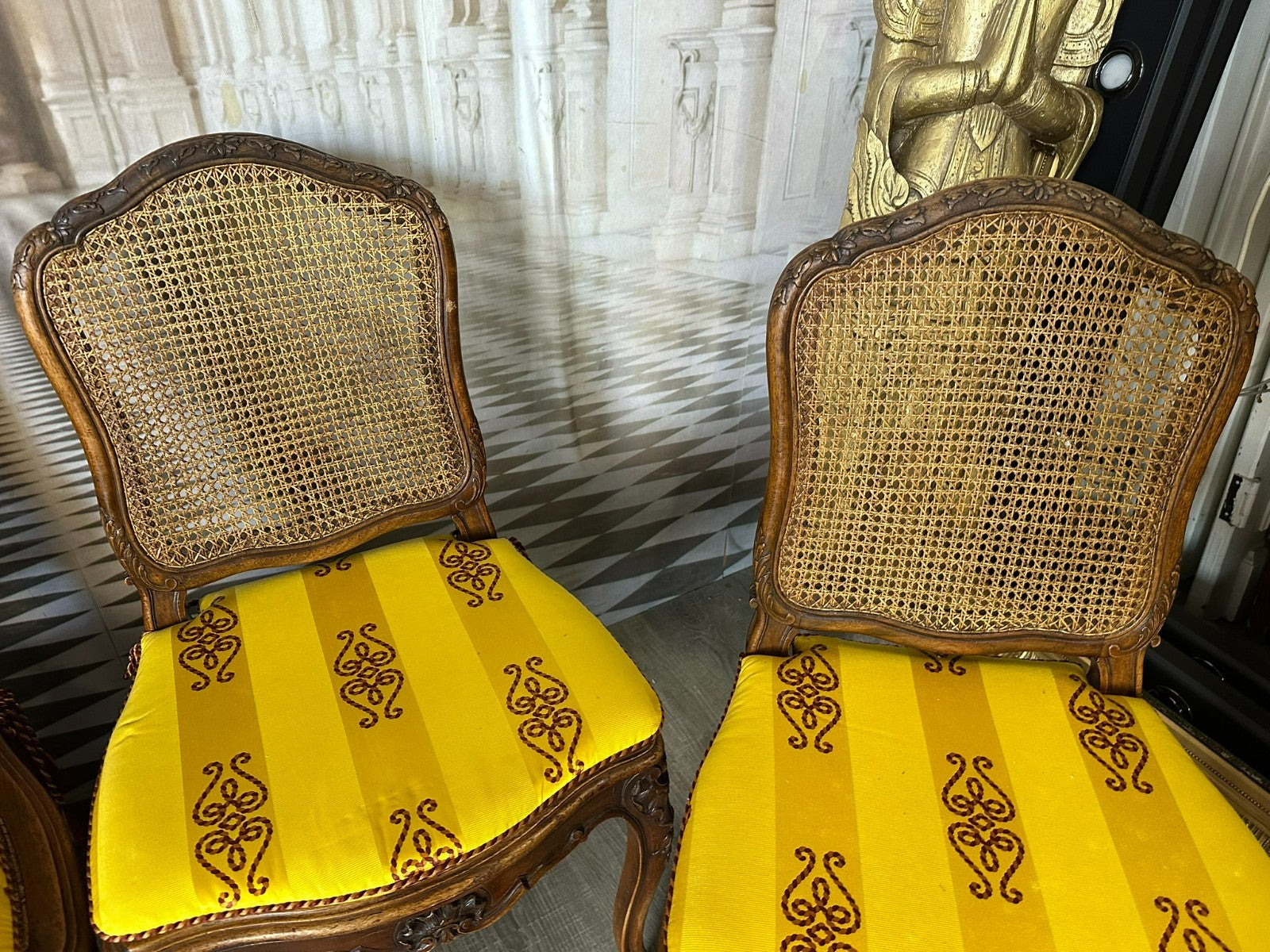 Set 4x antiker Barock Stuhl um 1880 Nussbaum Rattan Geflecht