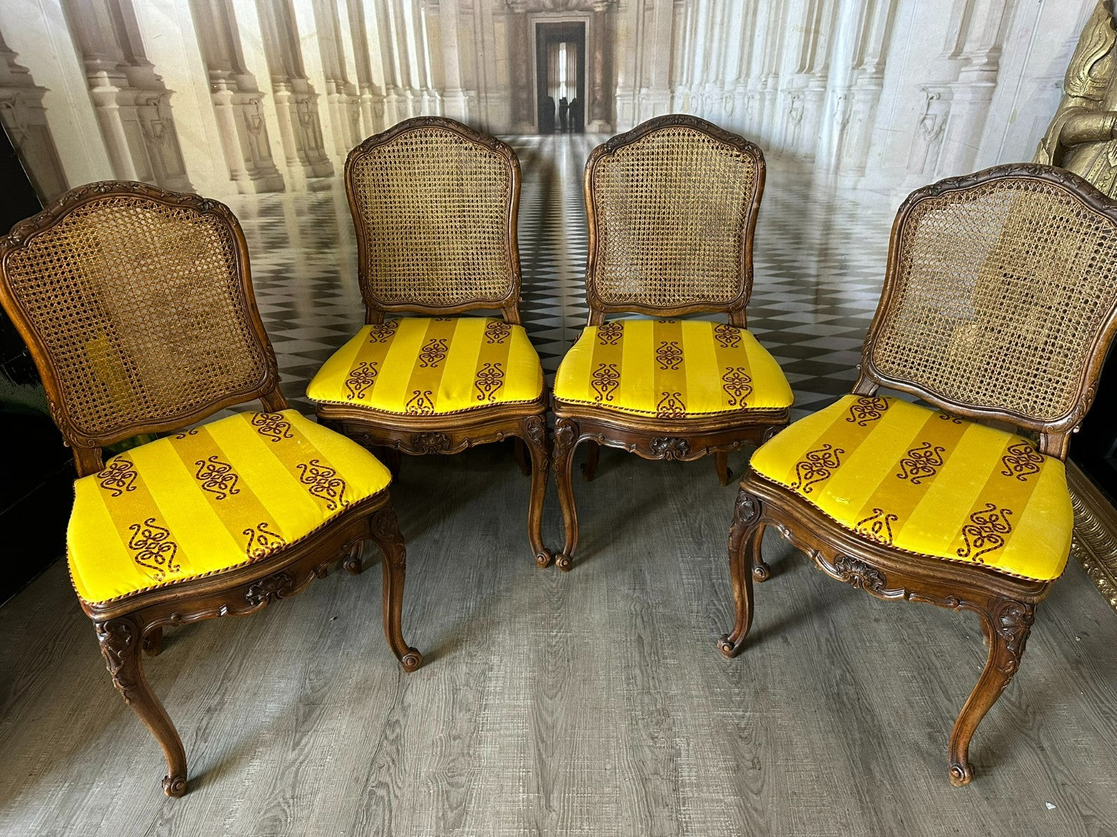 SET 4x ANTIKER BAROCK STUHL UM 1880 NUSSBAUM RATTAN GEFLECHT