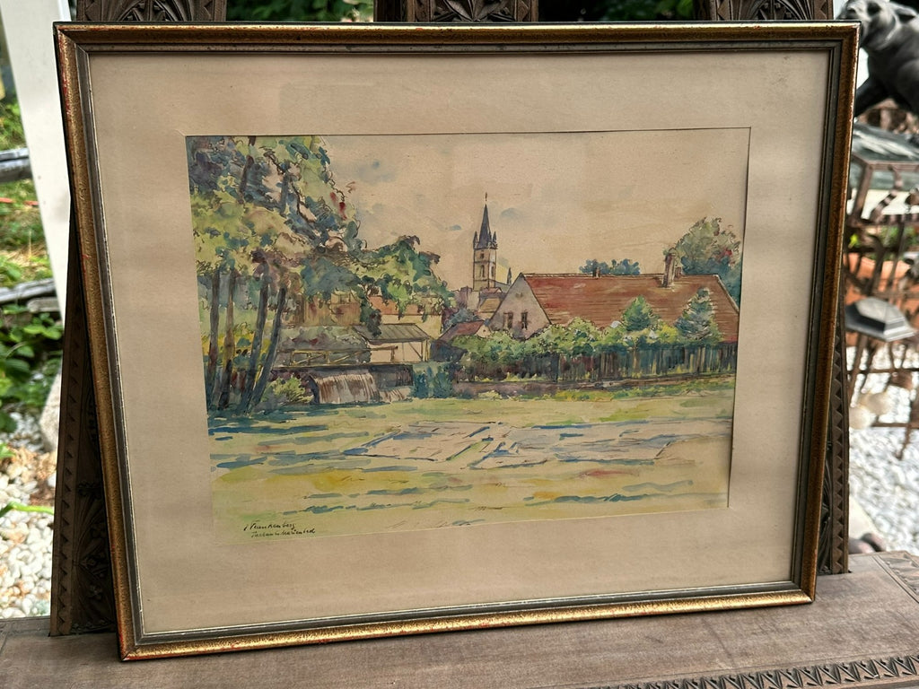 Erich Frankenberg Aquarell Tachau Marienbad Dorf Landschaft gerahmt
