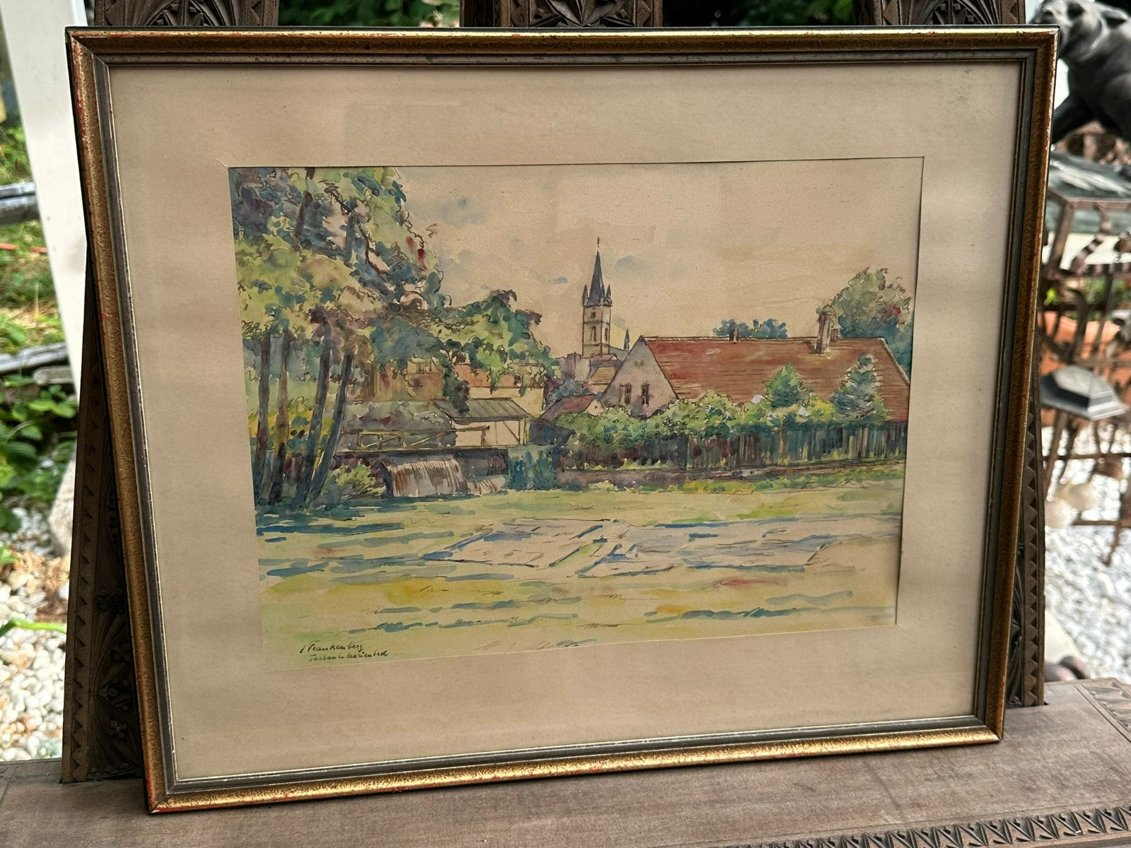 Erich Frankenberg Aquarell Tachau Marienbad Dorf Landschaft gerahmt
