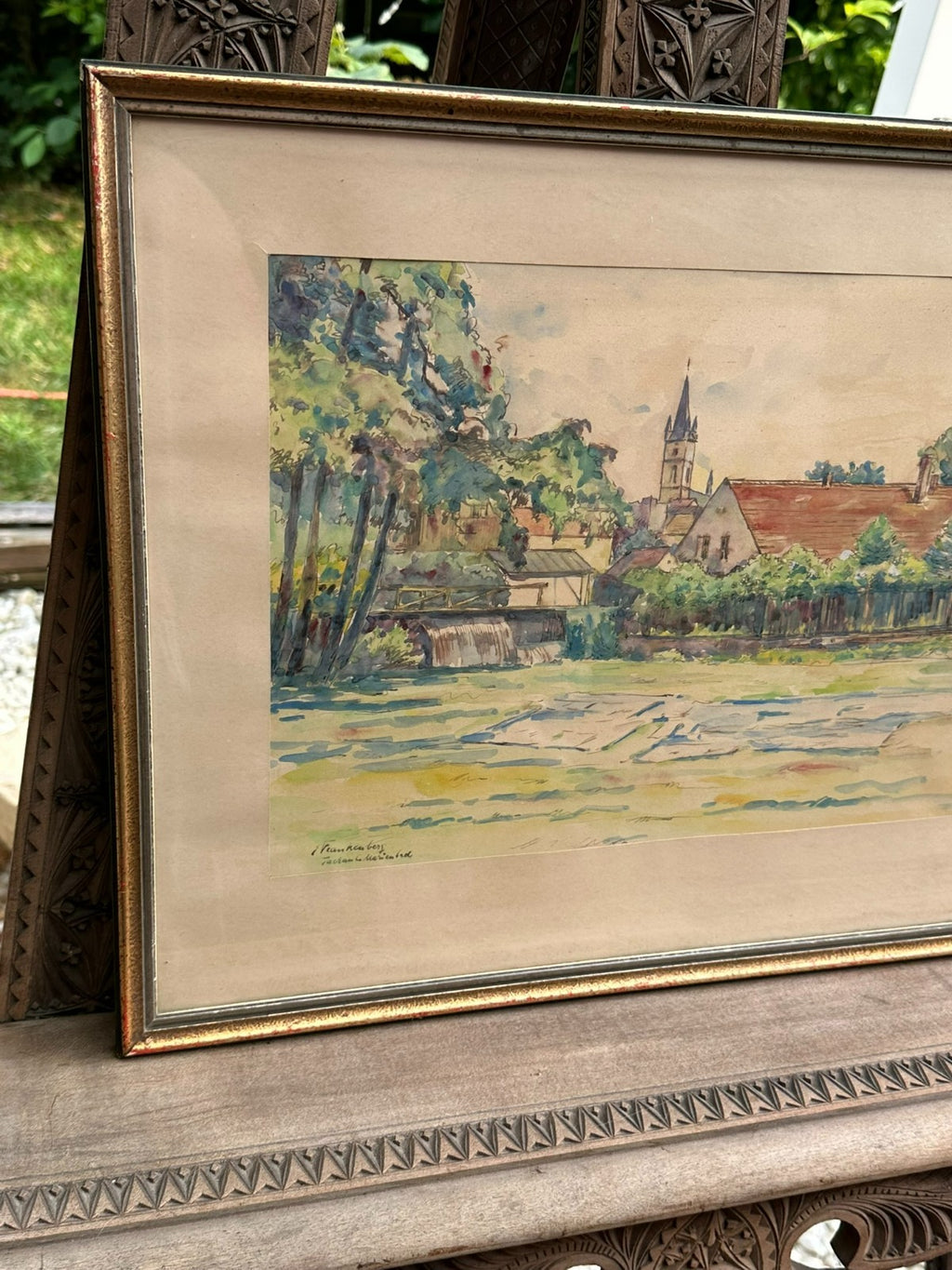 Erich Frankenberg Aquarell Tachau Marienbad Dorf Landschaft gerahmt