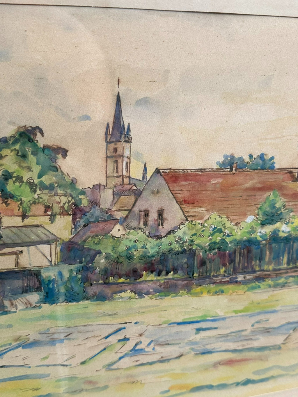 Erich Frankenberg Aquarell Tachau Marienbad Dorf Landschaft gerahmt