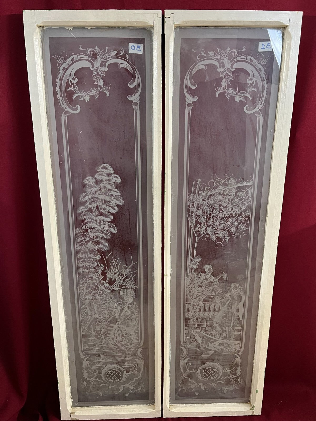 Paar antike Glasscheiben Fenster Glas Jugendstil original 1900 Personen Blumen