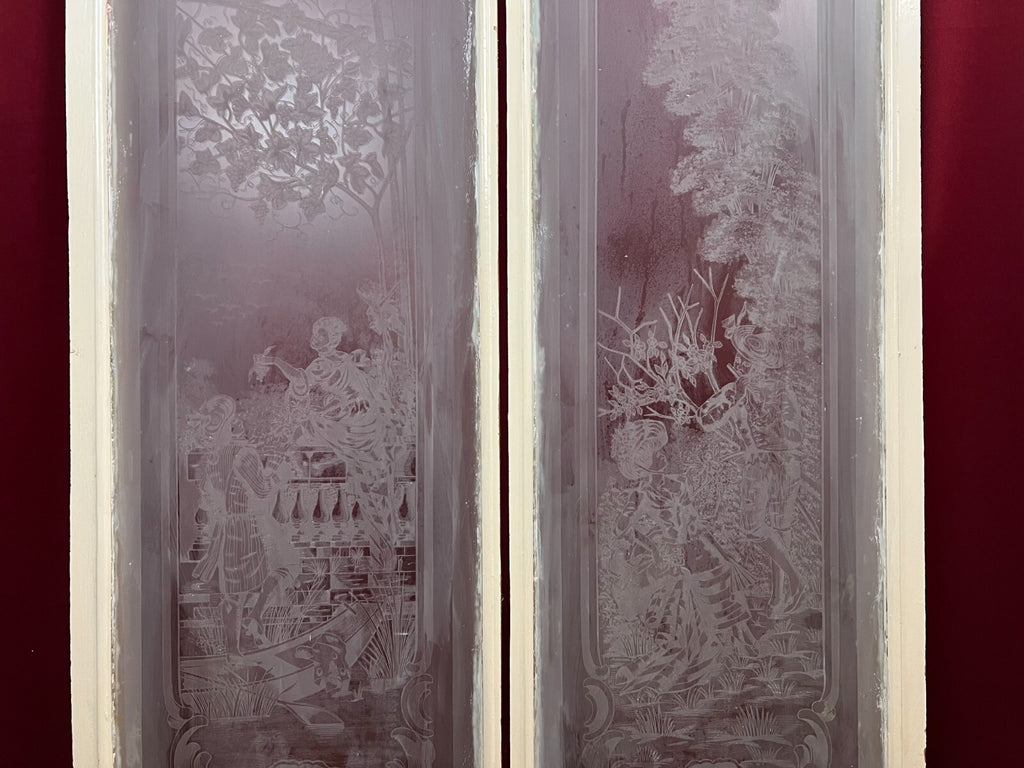 Paar antike Glasscheiben Fenster Glas Jugendstil original 1900 Personen Blumen