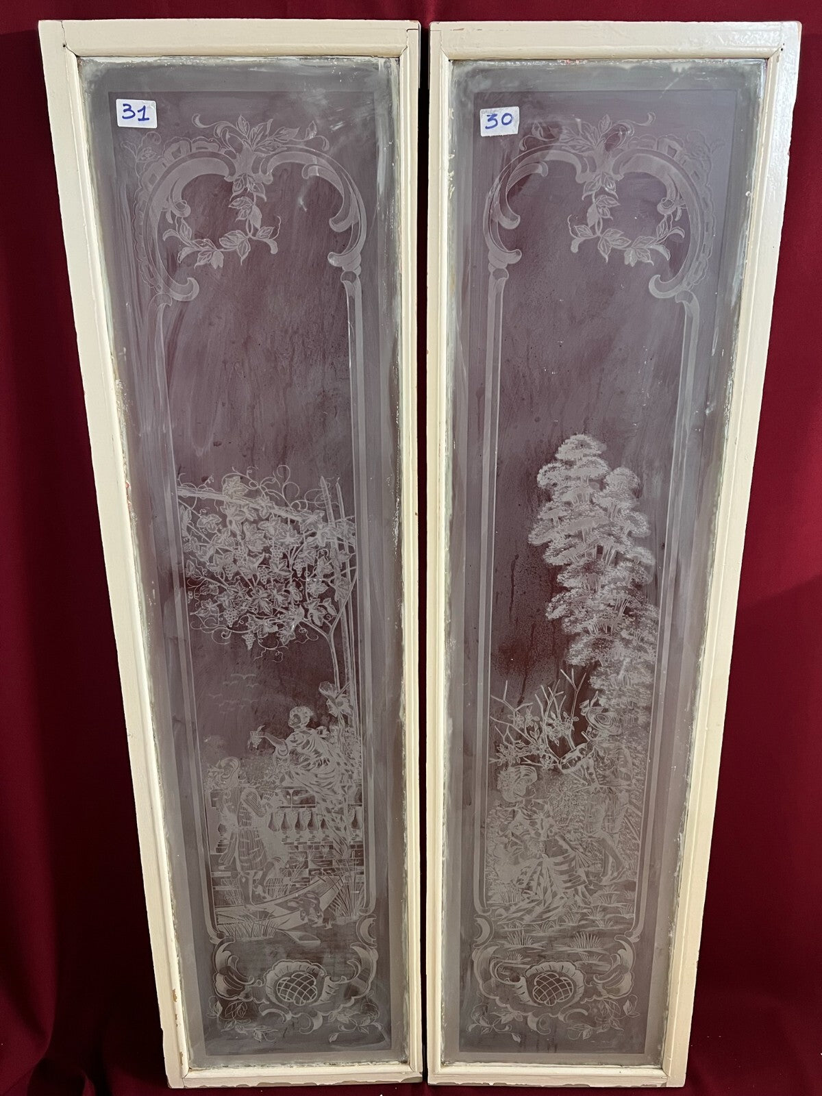PAAR ANTIKE GLASSCHEIBEN FENSTER GLAS JUGENDSTIL ORIGINAL 1900 PERSONEN BLUMEN