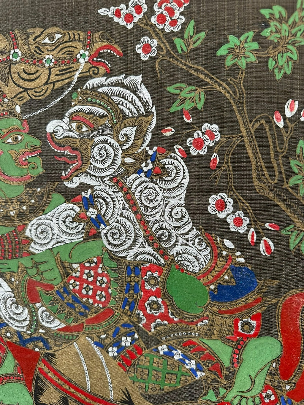 Indonesische Malerei auf Stoff sehr gut gerahmt Fabelwesen Gottheit