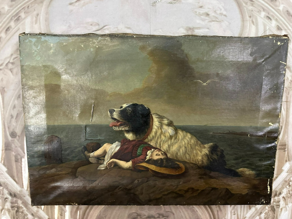 Antikes Ölgemälde nach Edwin Landseer Hund Rettet Mädchen 19 tes Jhdt