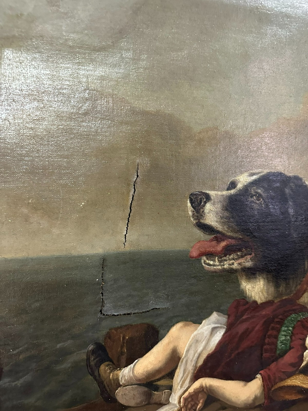 Antikes Ölgemälde nach Edwin Landseer Hund Rettet Mädchen 19 tes Jhdt