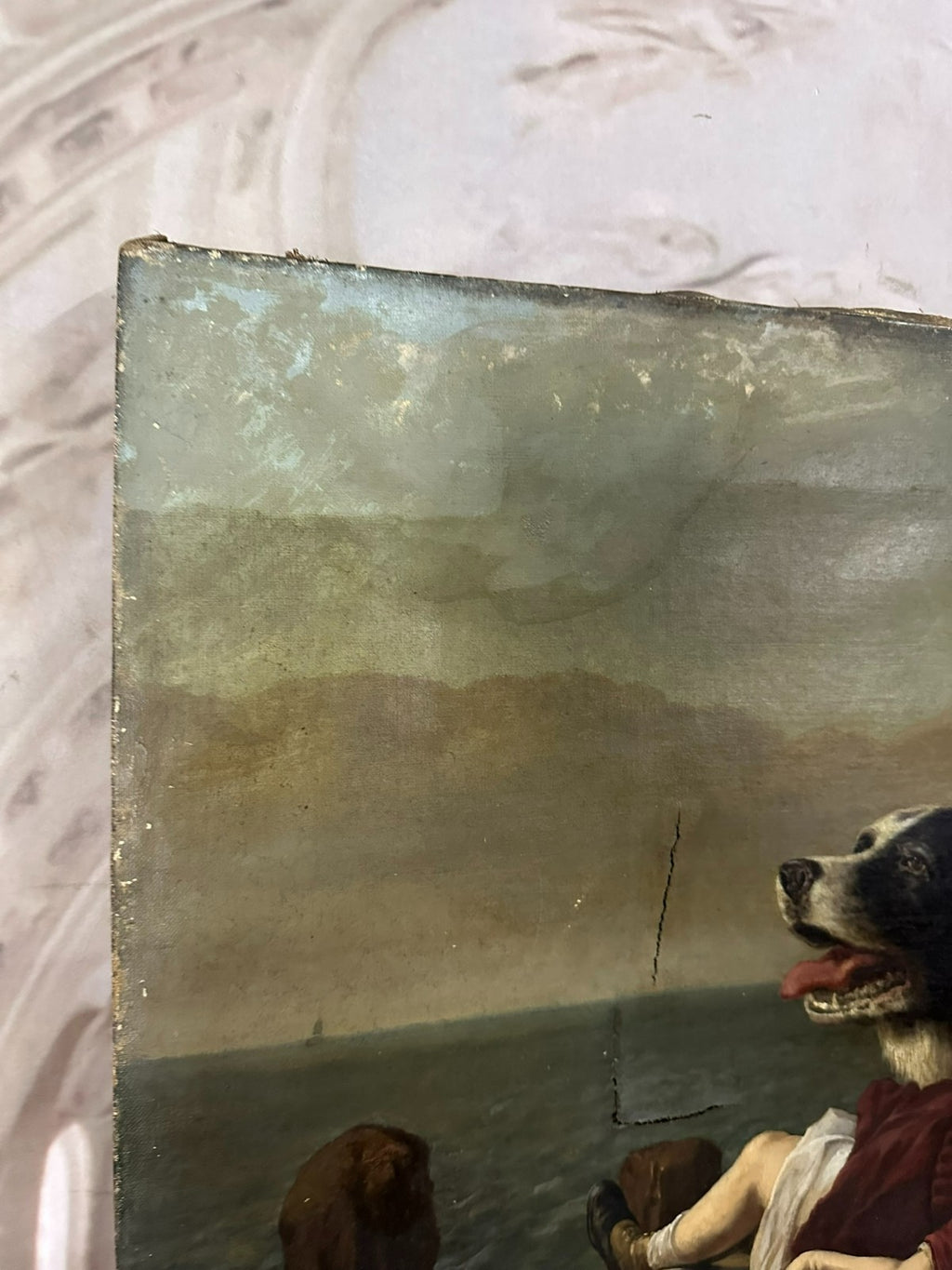 Antikes Ölgemälde nach Edwin Landseer Hund Rettet Mädchen 19 tes Jhdt
